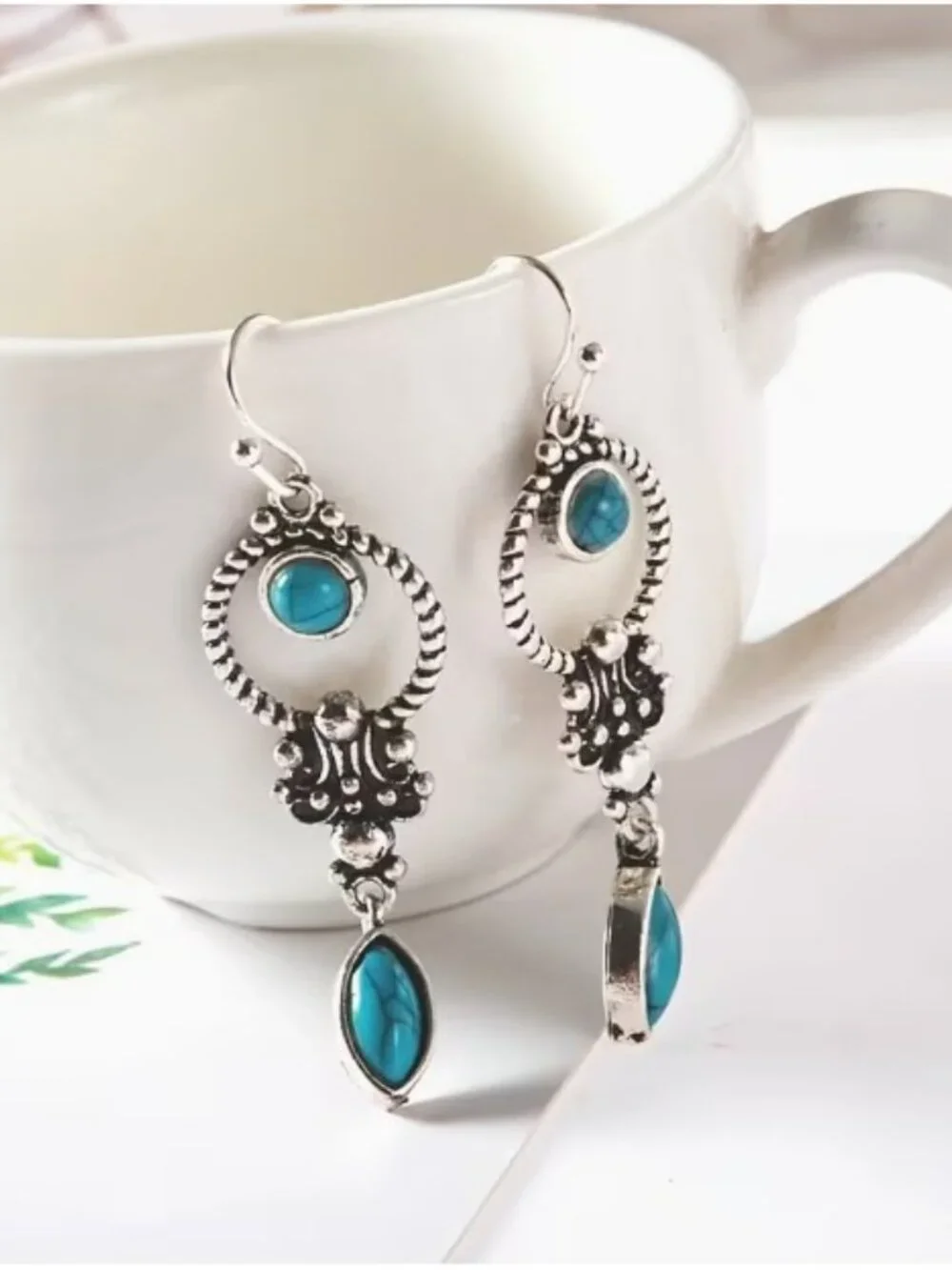 Boho Retro Style Silvertone Drop Earrings with Turquoise Inlaid Stones